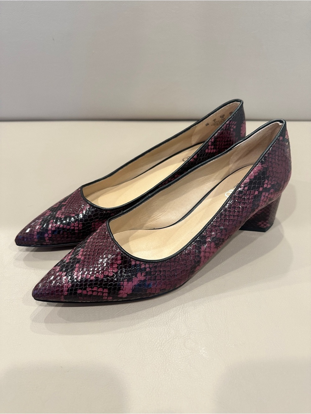 Franco Sarto Pointed Mid-Heel Pumps in Burgundy Snake Print